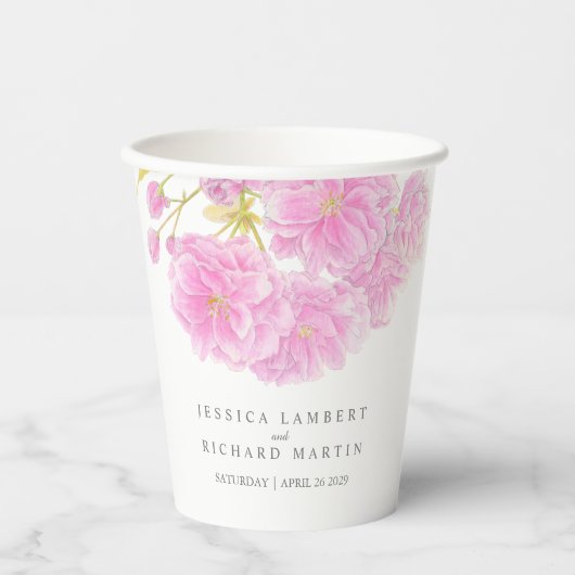 ピンクさくらんぼの花の水の色結婚の花のカップ 紙コップ (正面)