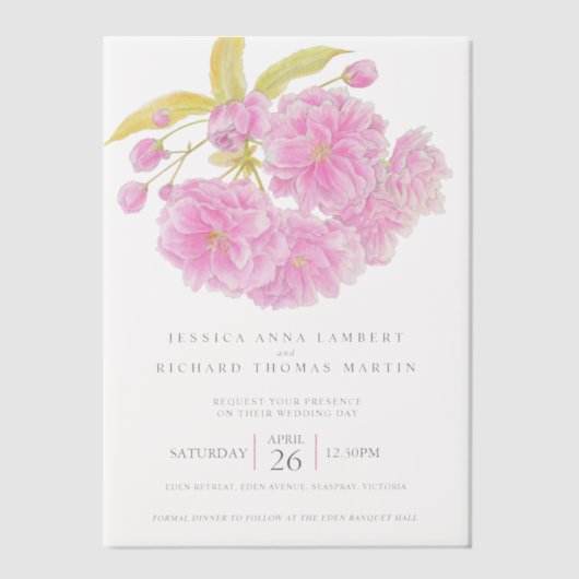 ピンクさくらんぼの花の水色の写真結婚の写真 ベラム紙招待状 (正面)