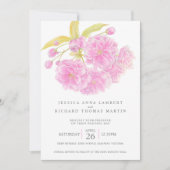 ピンクさくらんぼの花の水色の写真結婚の写真 招待状 (正面)