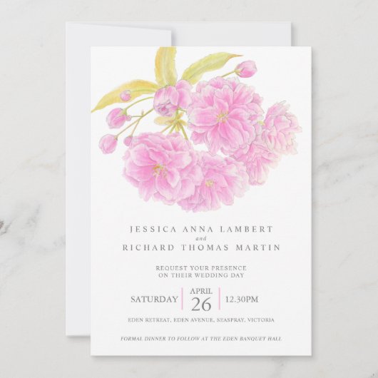 ピンクさくらんぼの花の水色の写真結婚の写真 招待状 (正面)