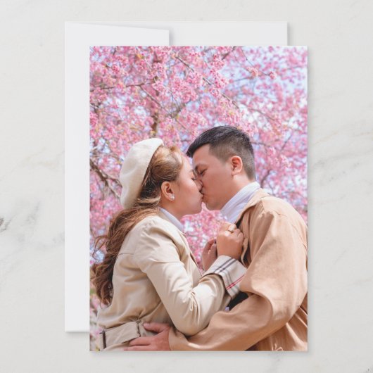 ピンクさくらんぼの花の水色の写真結婚の写真 招待状 (裏面)