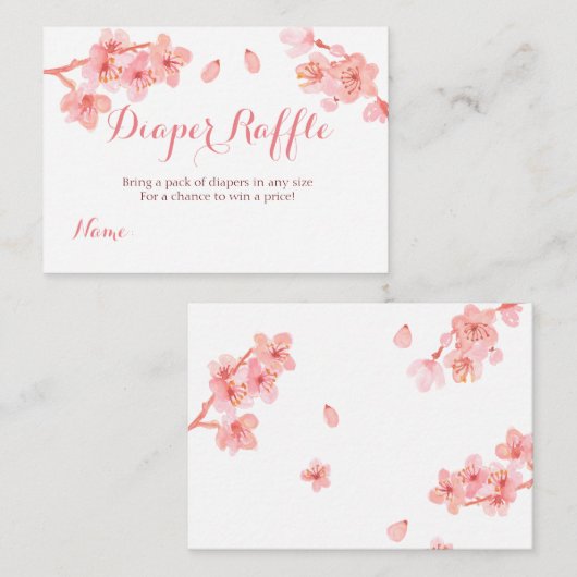 ピンクさくらんぼの花の赤ちゃんシャワーおむつラッフルカード エンクロージャーカード (正面/裏面)