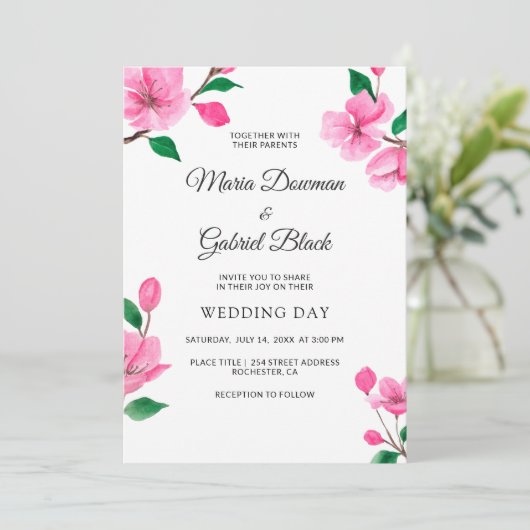 ピンクさくらんぼの花。フローラ春の結婚式 招待状 (スタンド正面)