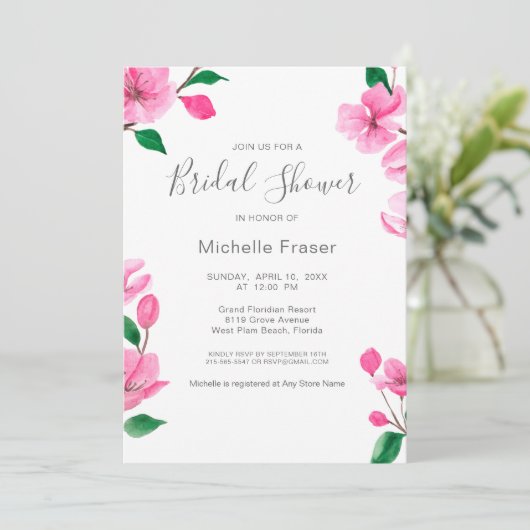ピンクさくらんぼの花。フローラ春ブライダルシャワー 招待状 (スタンド正面)