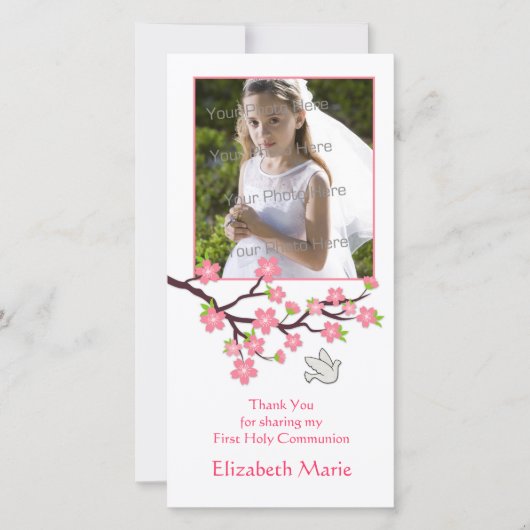 ピンクさくらんぼの花、鳩、宗教写真カード サンキューカード (正面)