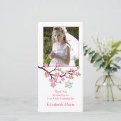 ピンクさくらんぼの花、鳩、宗教写真カード サンキューカード (スタンド正面)