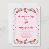ピンクさくらんぼオントップお洒落ヴィンテージベビー散布 招待状 (正面)