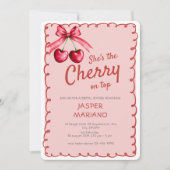 ピンクさくらんぼオントップキュート手描きブライダルシャワー 招待状 (正面)