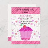 ピンクさくらんぼカップケーキ誕生日招待状 招待状 (正面/裏面)