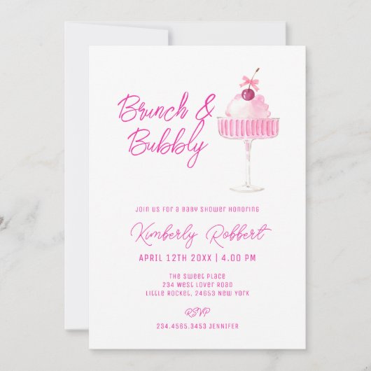 ピンクさくらんぼシャンパンブランチバブルベビーシャワー 招待状 (正面)