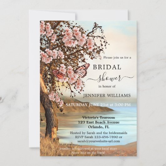 ピンクさくらんぼツリーバタフライブライダルシャワー 招待状 (正面)