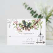 ピンクさくらんぼティール(緑がかった色)バーズバードケージRSVP 出欠カード (スタンド正面)