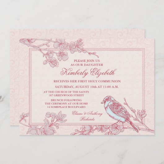 ピンクさくらんぼバードファースト聖餐式 招待状 (正面/裏面)