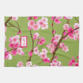 ピンクさくらんぼフラズチャートレーズグリーンモノグラムの キッチンタオル (横)