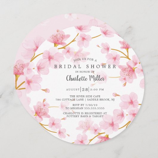 ピンクさくらんぼフラムスブライダルシャワー 招待状 (正面/裏面)