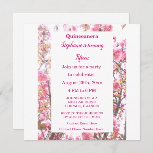 ピンクさくらんぼフローラキンセアニェラ15誕生日 招待状 (正面/裏面)