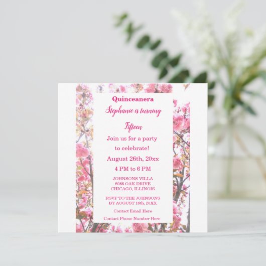 ピンクさくらんぼフローラキンセアニェラ15誕生日 招待状 (スタンド正面)