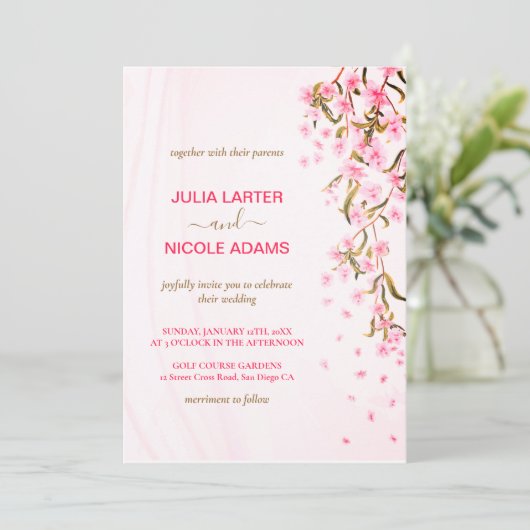 ピンクさくらんぼフローラシャワ結婚ー 招待状 (スタンド正面)
