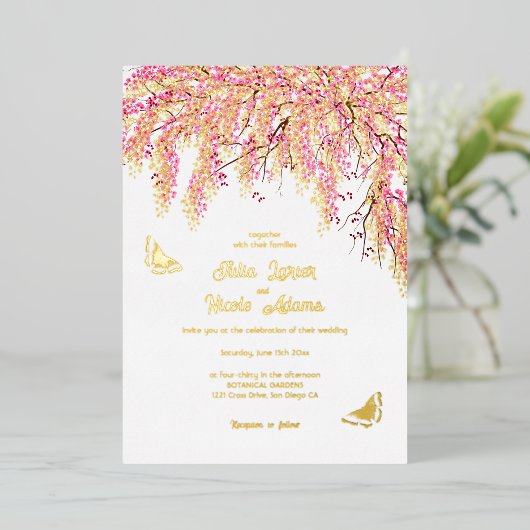 ピンクさくらんぼフローラシャワ結婚ー 箔招待状 (立ち正面)