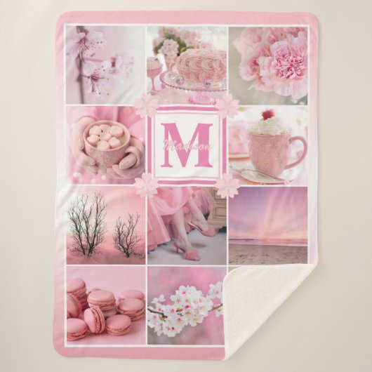 ピンクさくらんぼブラウズインスタグラムフォトグリッド桜 シェルパブランケット (正面)