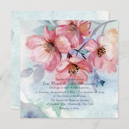 ピンクさくらんぼブラッズスクエア結婚式招待状 招待状 (正面/裏面)