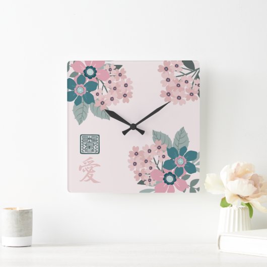 ピンクさくらんぼブロッサムアジアフローラデザイン「愛」 スクエア壁時計 (ホーム)