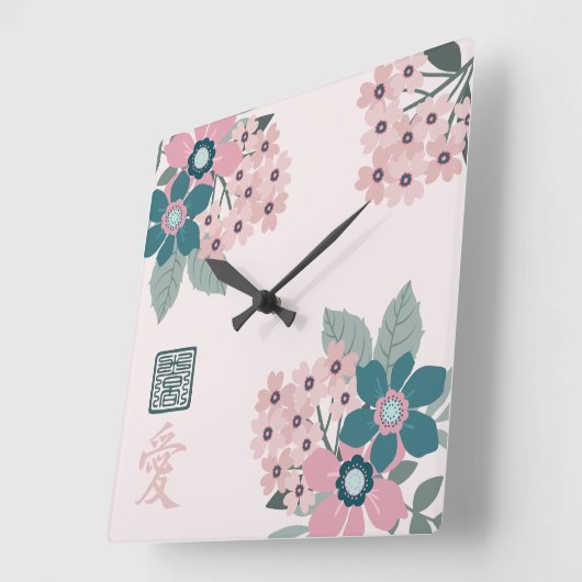 ピンクさくらんぼブロッサムアジアフローラデザイン「愛」 スクエア壁時計 (傾斜)