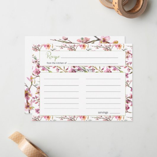 ピンクさくらんぼブロッサムエレガントなウェディングレシピカード ノートカード (正面/裏面インサイチュ)