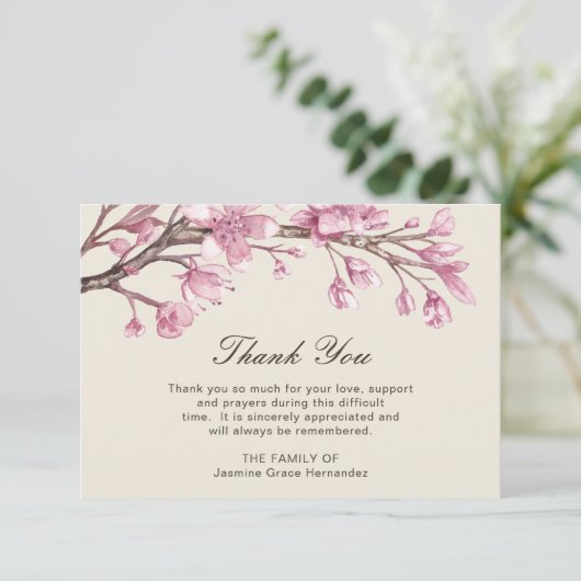ピンクさくらんぼブロッサムエレガント葬儀悔やみや弔慰 サンキューカード (スタンド正面)