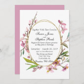 ピンクさくらんぼブロッサムシック金ゴールドフレ結婚ーム 招待状 (正面/裏面)