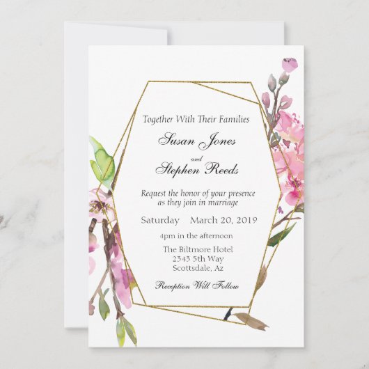 ピンクさくらんぼブロッサムシック金ゴールドフレ結婚ーム 招待状 (正面)