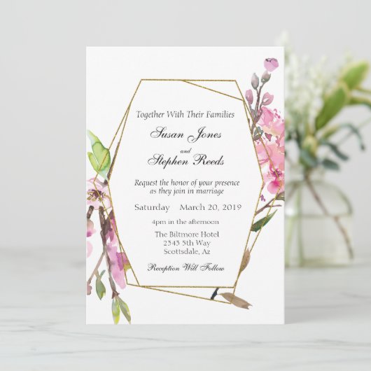 ピンクさくらんぼブロッサムシック金ゴールドフレ結婚ーム 招待状 (スタンド正面)