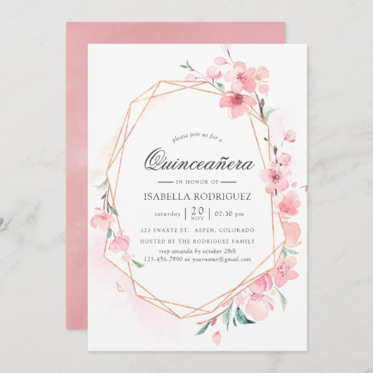 ピンクさくらんぼブロッサムジオメトリ春キンセアニラ 招待状 (正面/裏面)