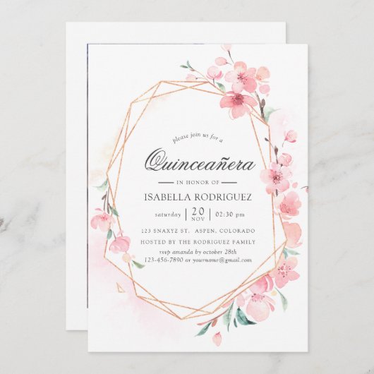 ピンクさくらんぼブロッサムジオメトリ春キンセアニラ 招待状 (正面/裏面)