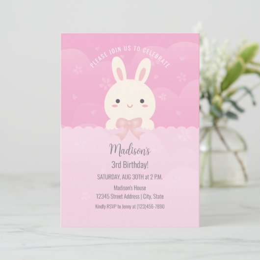 ピンクさくらんぼブロッサムソウバニー子供の誕生日パーティー 招待状 (スタンド正面)