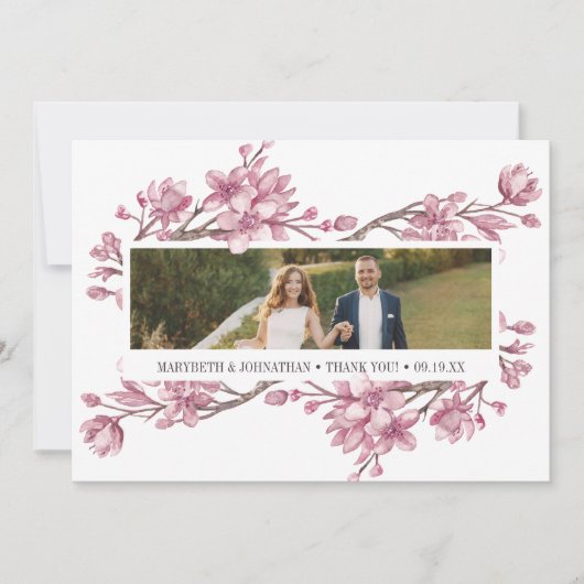 ピンクさくらんぼブロッサムフローラありがとうフォトカード サンキューカード (正面)