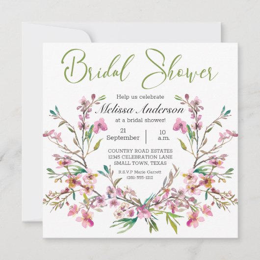 ピンクさくらんぼブロッサムフローラブライダルシャワー 招待状 (正面)