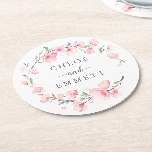 ピンクさくらんぼブロッサムフローラリース ラウンドペーパーコースター (アングル)