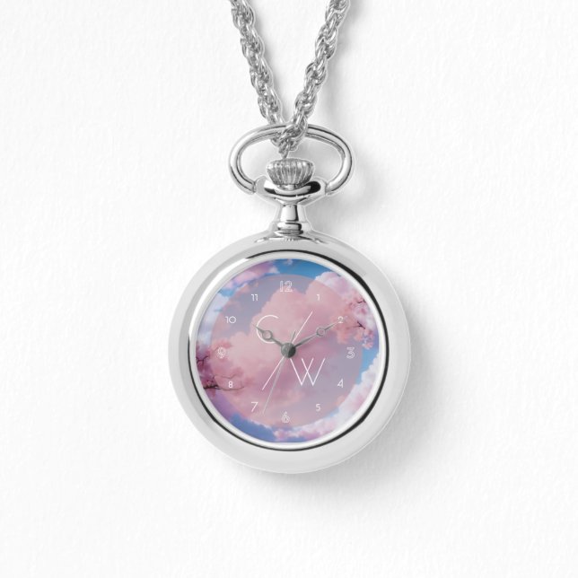 ピンクさくらんぼブロッサムフローラ桜カスタムイニシャル 腕時計 (正面)