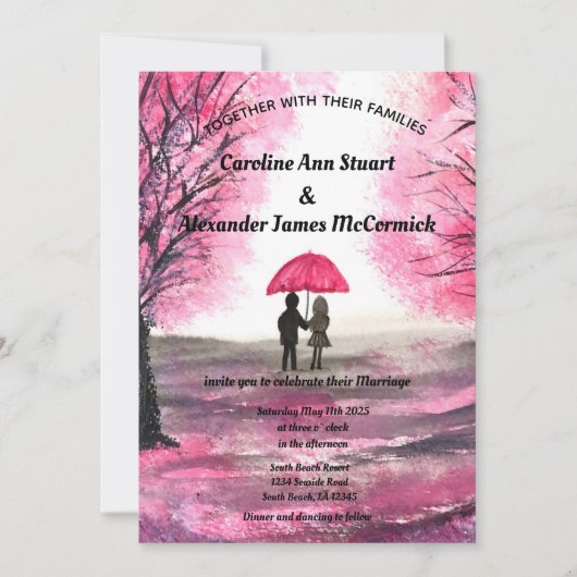 ピンクさくらんぼブロッサムフローラ結婚カップル 招待状 (正面)