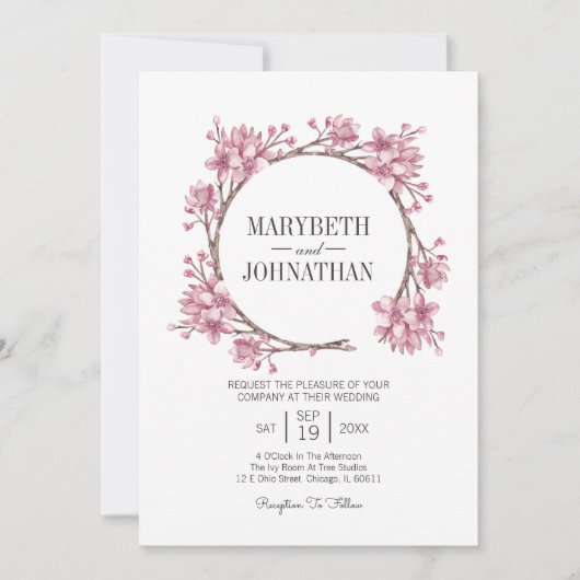 ピンクさくらんぼブロッサムフローラ結婚リース 招待状 (正面)