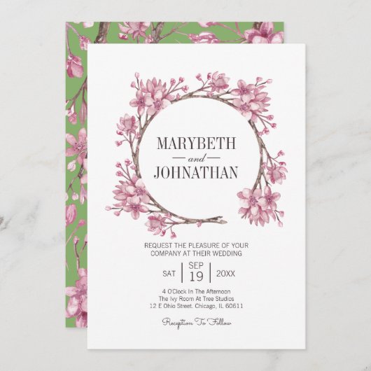 ピンクさくらんぼブロッサムフローラ結婚リース 招待状 (正面/裏面)