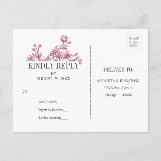 ピンクさくらんぼブロッサムフローラ結婚式RSVPポストカード インビテーションポストカード (裏面)