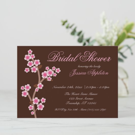 ピンクさくらんぼブロッサムブラウンブライダルシャワー 招待状 (スタンド正面)