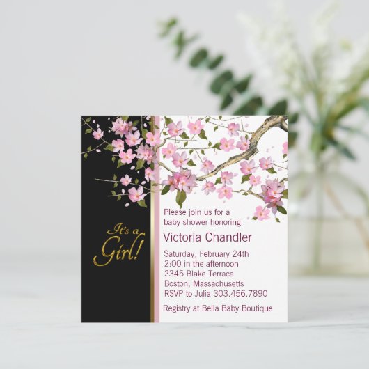 ピンクさくらんぼブロッサムベビーシャワー招待状 招待状 (スタンド正面)