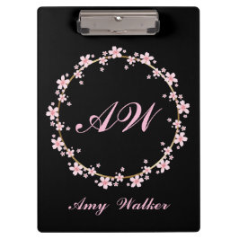 ピンクさくらんぼブロッサムモノグラムフェミニンフローラ花輪 クリップボード