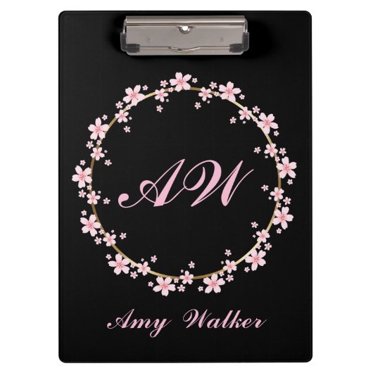 ピンクさくらんぼブロッサムモノグラムフェミニンフローラ花輪 クリップボード (正面)