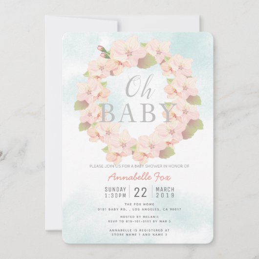 ピンクさくらんぼブロッサムリースオ赤ちゃんシャワー 招待状 (正面)