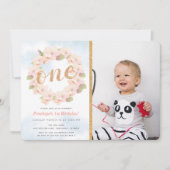 ピンクさくらんぼブロッサムリースガール1stフォト誕生日 招待状 (正面)