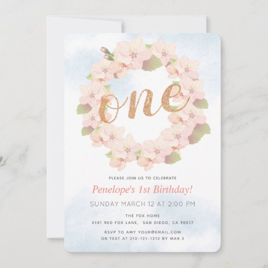 ピンクさくらんぼブロッサムリースガール1st誕生日 招待状 (正面)